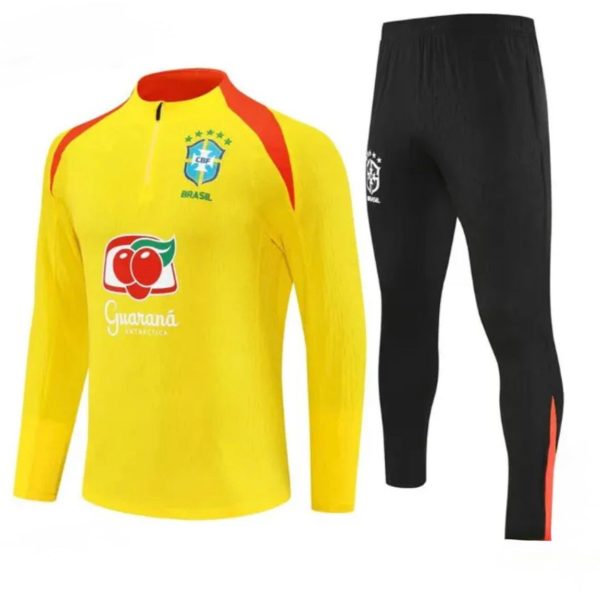 Brazil national team goalkeeper kit: bright yellow long-sleeve jersey with red panels and sponsor logos, paired with black athletic pants featuring a small crest on the thigh.