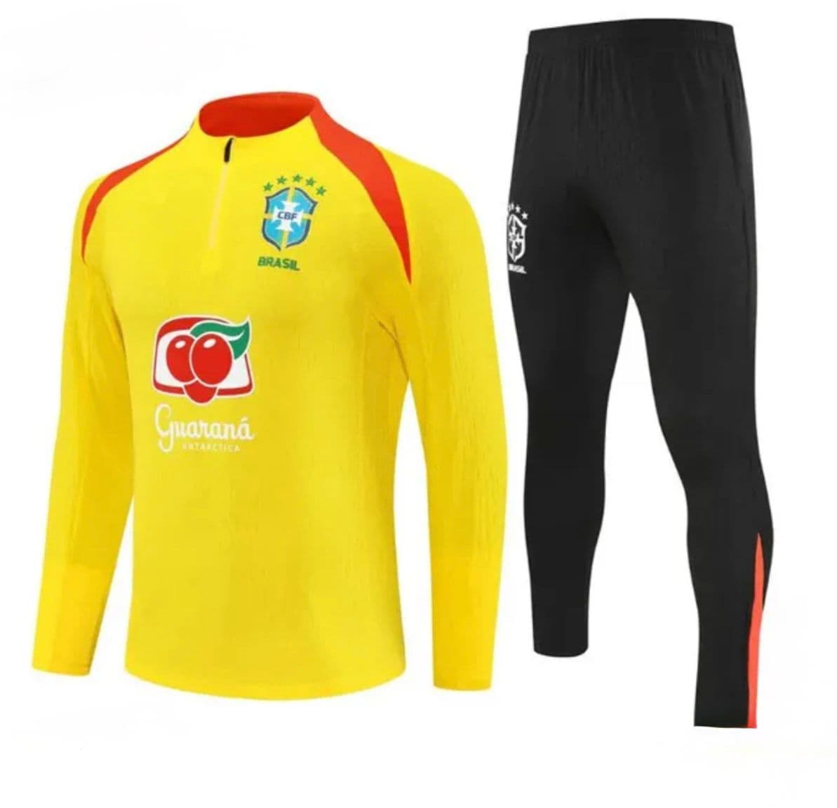 901102b6-b8e3-4023-bc2e-581b61b35bbf | UAE SPORT STORE Brazil national team goalkeeper kit: bright yellow long-sleeve jersey with red panels and sponsor logos, paired with black athletic pants featuring a small crest on the thigh.