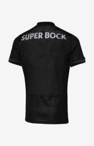 Black athletic jersey seen from the back with the words 'SUPER BOCK' across the shoulders/upper back.