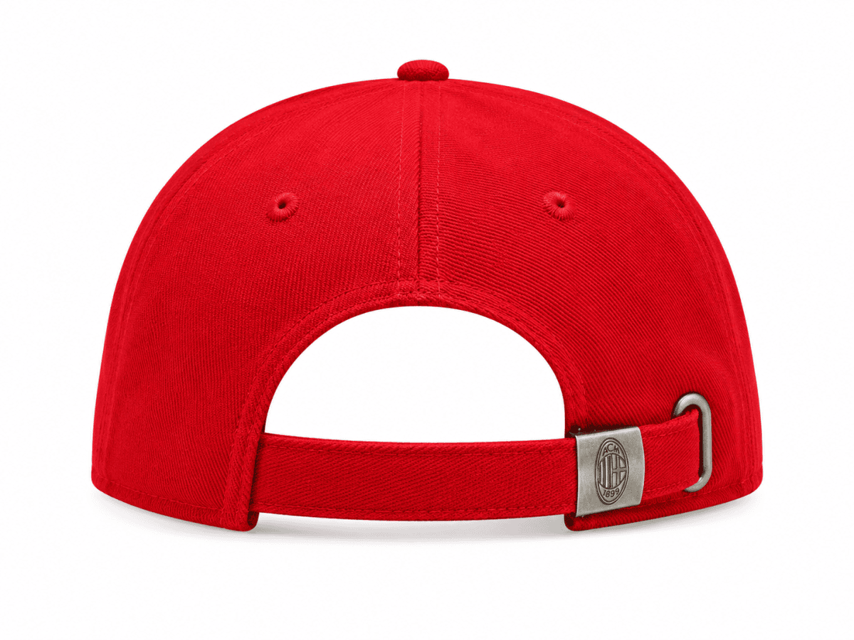 Red baseball cap viewed from the back with an adjustable strap and metal buckle visible.