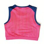 90a1519e-636c-492e-ba51-7108ef130804 | UAE SPORT STORE Pink padded sleeveless vest with blue trim seen from the back, featuring vertical stitching lines.