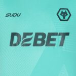 Teal brand panel showing a bold DEBET wordmark with a leaf cutout in the E and a hex‑wolf logo in the top right (SUDU appears top left).