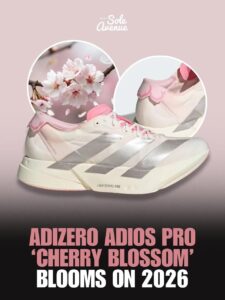White and pink Adizero Adios Pro running shoes with cherry blossoms in circular frames and a pink background, signaling a 'Cherry Blossom' bloom on 2026 promotion.