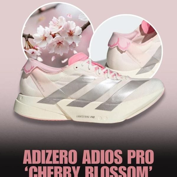 White and pink Adizero Adios Pro running shoes with cherry blossoms in circular frames and a pink background, signaling a 'Cherry Blossom' bloom on 2026 promotion.