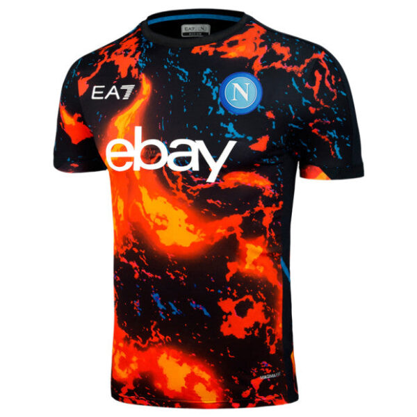 Napoli football jersey with a fiery orange-and-black pattern, showing the 'ebay' sponsor and team crest on the chest.