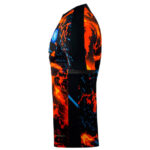 Side view of a black cycling jersey with orange and blue lava-like pattern and a blue logo on the chest image shows the silhouette from the side of the garment.