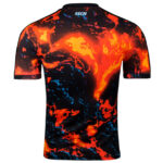 Back view of a short-sleeve athletic jersey with a fiery lava-print design in bright orange and red on a black background, featuring a small SS CN logo at the neckline.
