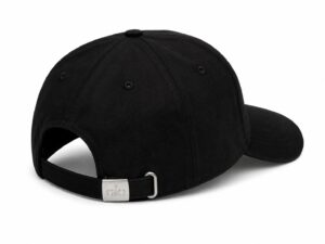 Back view of a black baseball cap showing an adjustable strap with a metal buckle.