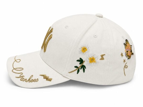 Yankees cap with embroidered floral and butterfly designs, stylish and trendy.