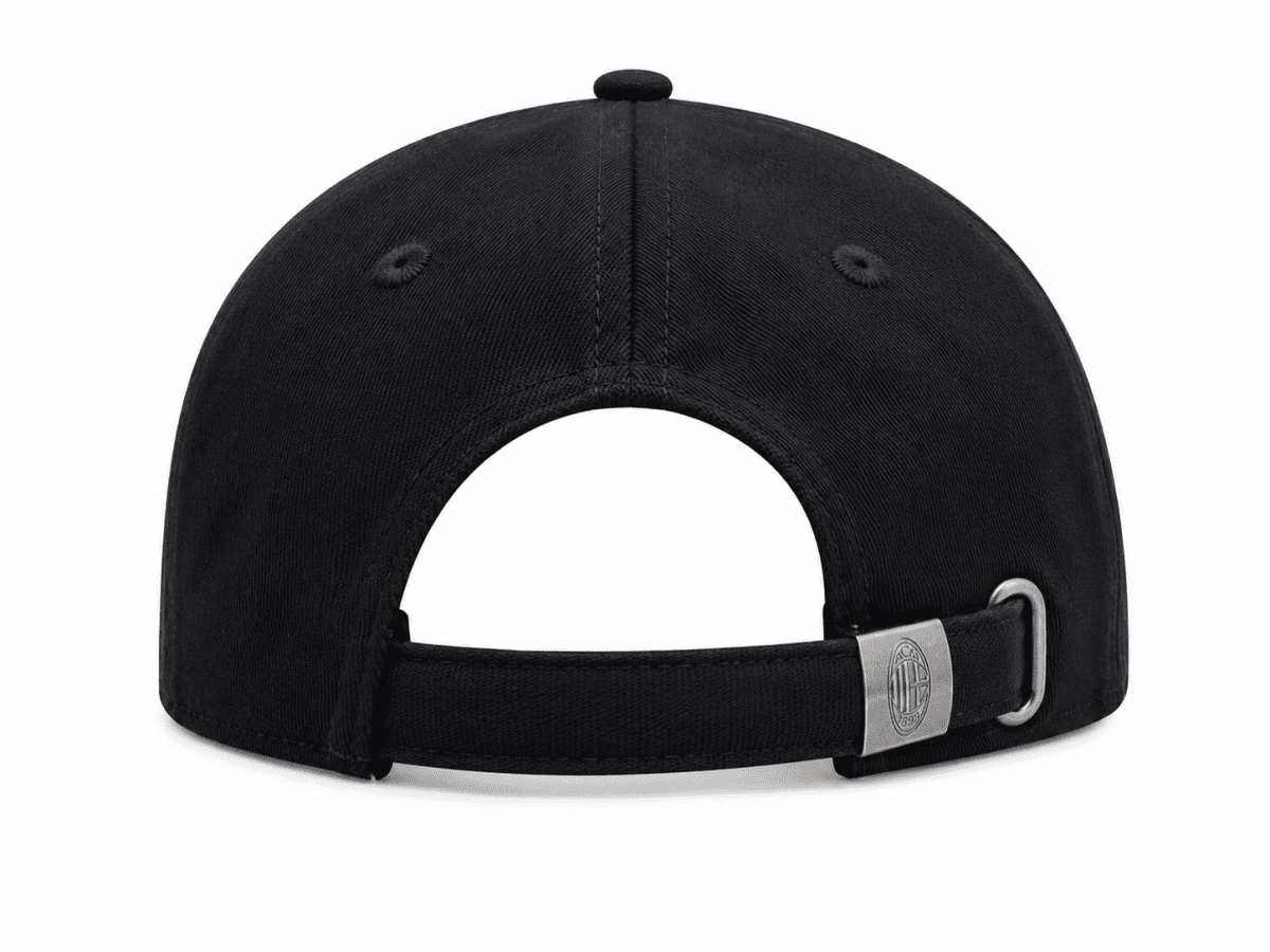 Back view of a black baseball cap with an adjustable strap and metal buckle.