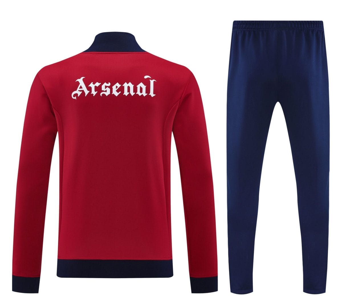 Red sports jacket viewed from the back with the word 'Arsenal' in white Gothic font, paired with navy jogger pants in the background.