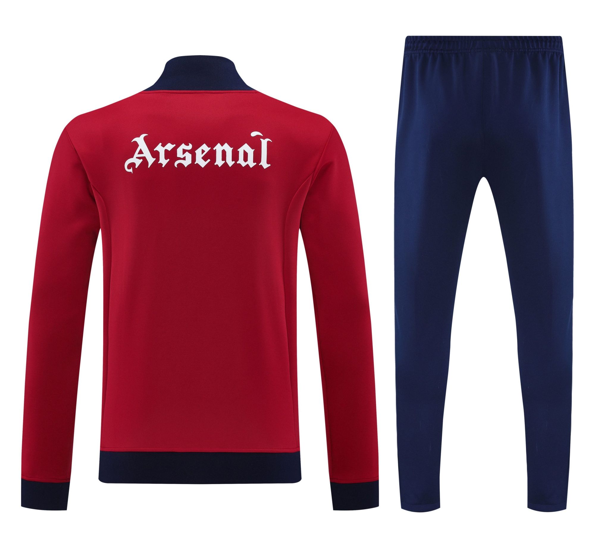921e6dfe | UAE SPORT STORE Red sports jacket viewed from the back with the word 'Arsenal' in white Gothic font, paired with navy jogger pants in the background.