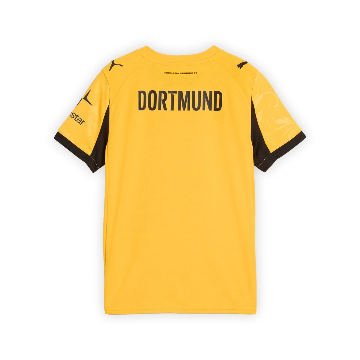 Yellow Dortmund football jersey shown from the back with the name 'DORTMUND' in bold black letters and black trim on sleeves.
