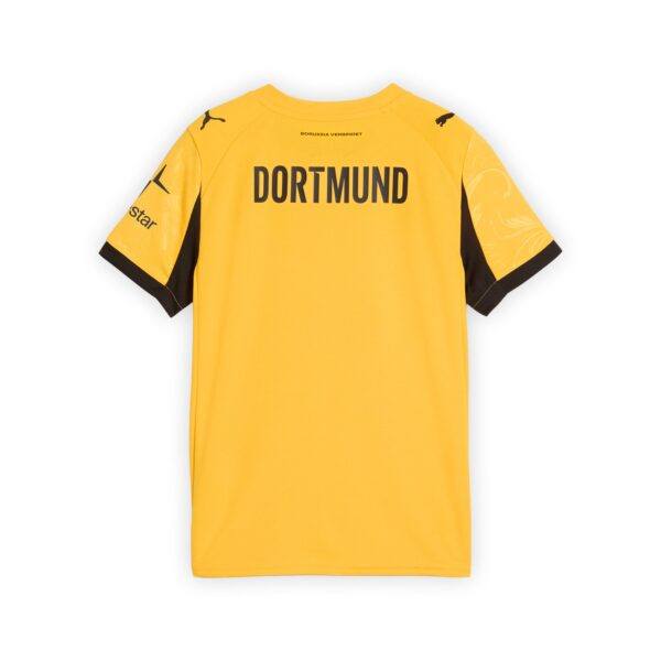 Yellow Dortmund football jersey shown from the back with the name 'DORTMUND' in bold black letters and black trim on sleeves.