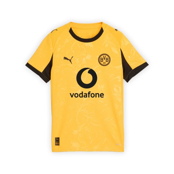 Yellow Dortmund football jersey with black trim, BVB crest and Vodafone sponsor on front, Puma logo visible