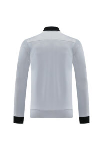 Back view of a light gray jacket with black collar and black cuffs at the sleeves' ends