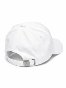 White baseball cap viewed from the back, featuring an adjustable strap and metal buckle.