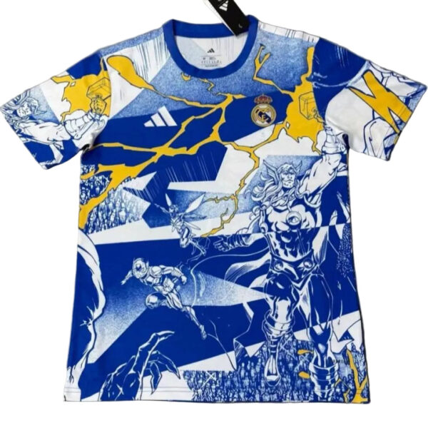 Blue and white Real Madrid soccer jersey with yellow comic-book style graphics and crest visible on chest, action figures design throughout