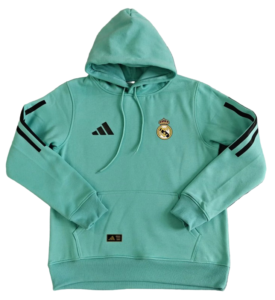 95502f81-5020-4bc0-865d-eec3ad6cba9d | UAE SPORT STORE Turquoise Real Madrid hoodie with hood, crest on chest and Adidas logo; black stripes on sleeves and front pocket detail visible.