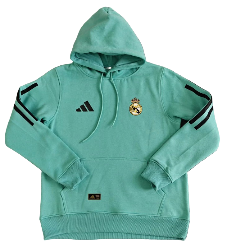 95502f81-5020-4bc0-865d-eec3ad6cba9d | UAE SPORT STORE Turquoise Real Madrid hoodie with hood, crest on chest and Adidas logo; black stripes on sleeves and front pocket detail visible.