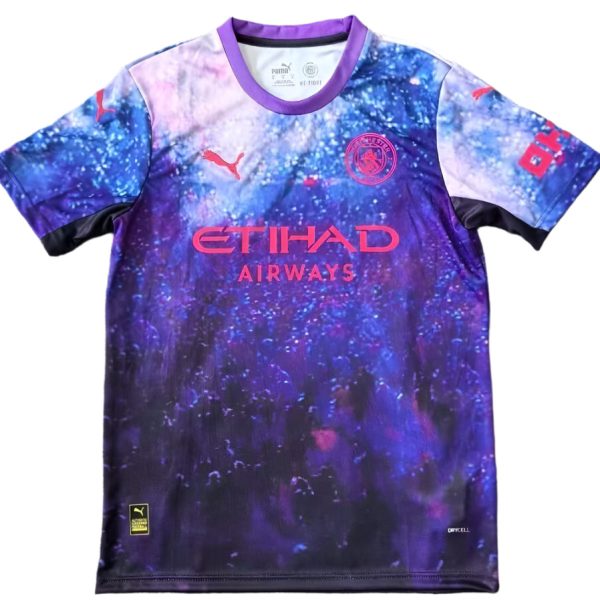 Manchester City away football jersey with a purple galaxy pattern, Etihad Airways sponsor, and club crest.