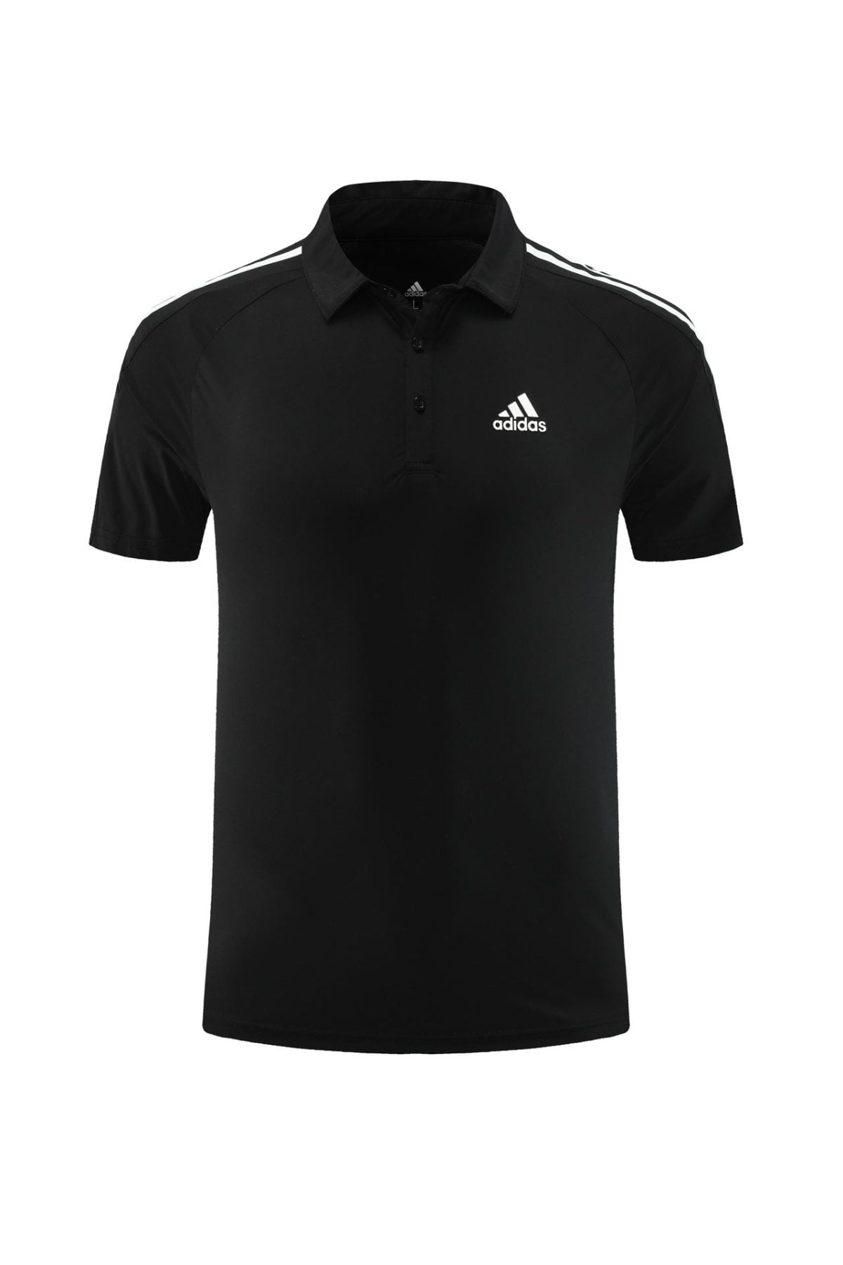 Black polo shirt with a collar, short sleeves, white Adidas logo on the left chest, and white stripes on the shoulders/right sleeve edge.