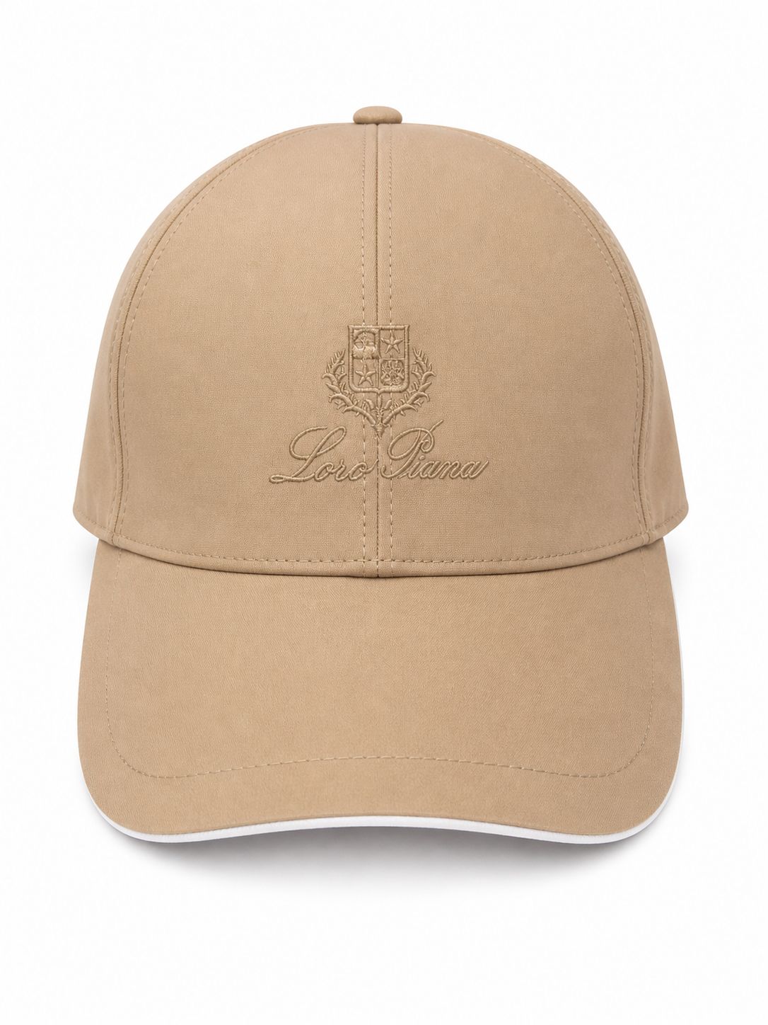 98470ddc-e223-46c5-a5cb-9f860ced1ac8 | UAE SPORT STORE Beige baseball cap with an embroidered crest and Loro Piana logo on the front panel.