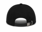 Black baseball cap viewed from the back showing an adjustable strap with metal buckle and MONASTERY embossed on the strap