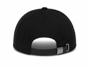 Rear view of a black baseball cap with an adjustable strap and metal buckle, MONASTERY embossed on the strap.