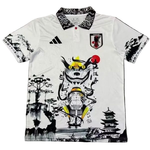 White polo shirt featuring black ink-style Japanese landscape and Naruto-inspired figure, with Adidas logo and Japan Football Association crest.
