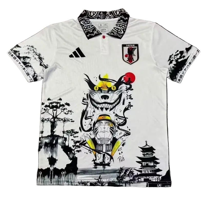 98d056f3 White polo shirt featuring black ink-style Japanese landscape and Naruto-inspired figure, with Adidas logo and Japan Football Association crest.