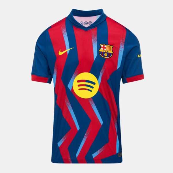 Barcelona football jersey with bold red and blue zigzag stripes, Nike swoosh, club crest, and Spotify sponsorship logo center front.