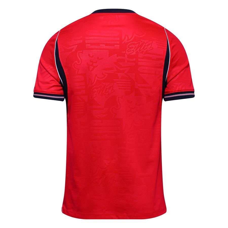 99a44679e4e5 | UAE SPORT STORE Back view of a red short-sleeve athletic jersey with navy cuffs and a subtle graphic pattern across the fabric.