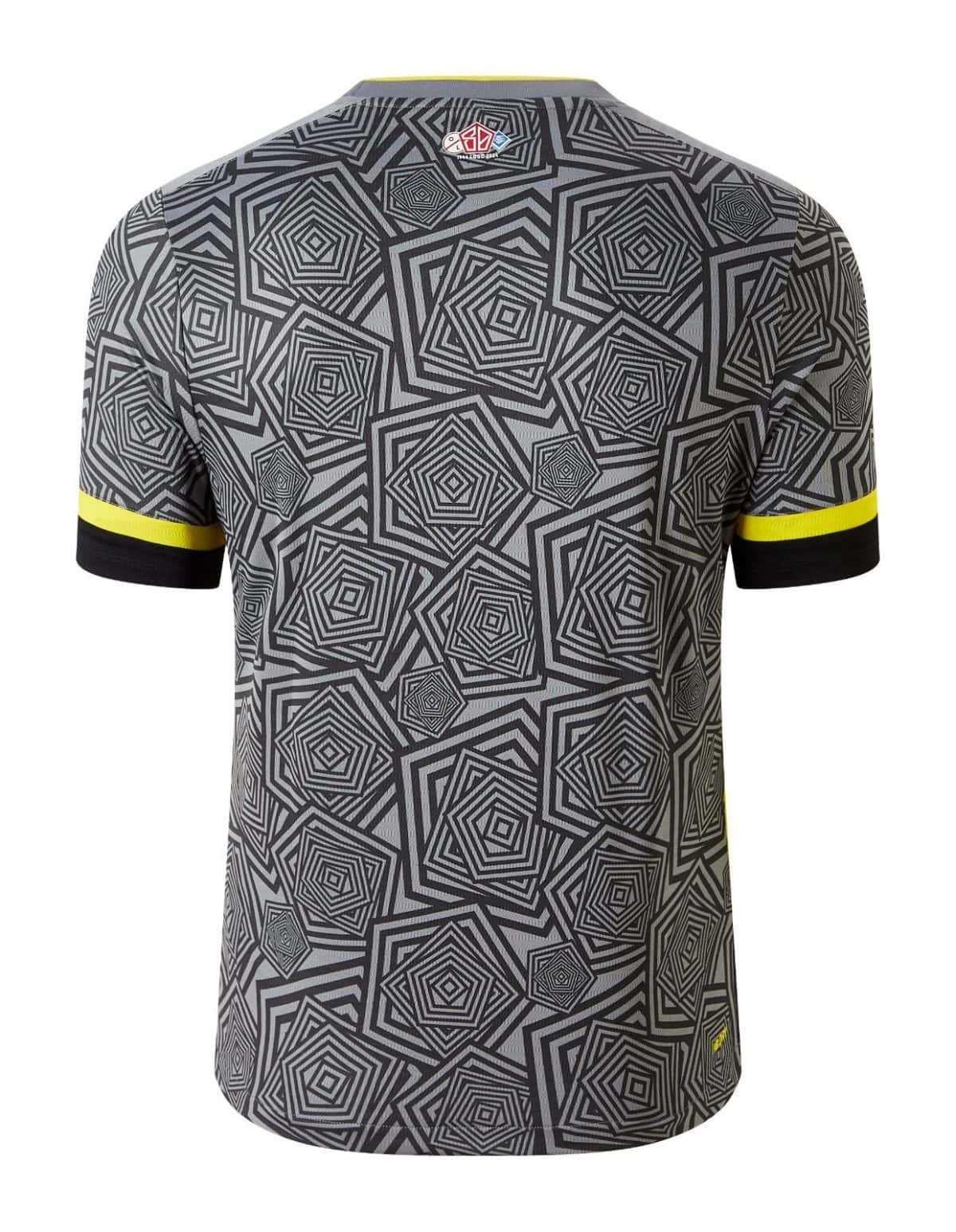 Back view of a gray short-sleeve shirt with black and yellow sleeve cuffs and a dense geometric square-spiral pattern all over the fabric.