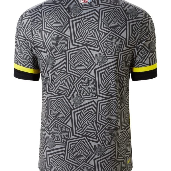 Back view of a gray short-sleeve shirt with black and yellow sleeve cuffs and a dense geometric square-spiral pattern all over the fabric.
