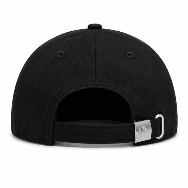 Back view of a black Nike baseball cap with an adjustable strap and metal buckle.