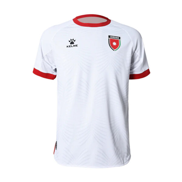 White soccer jersey with red collar and red sleeve cuffs, Jordan crest on the left chest and Kelme logo on the right chest.