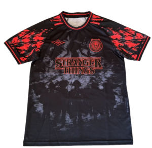 Black and red tie-dye Stranger Things jersey with a circular crest on the left chest and the 'STRANGER THINGS' logo across the front.