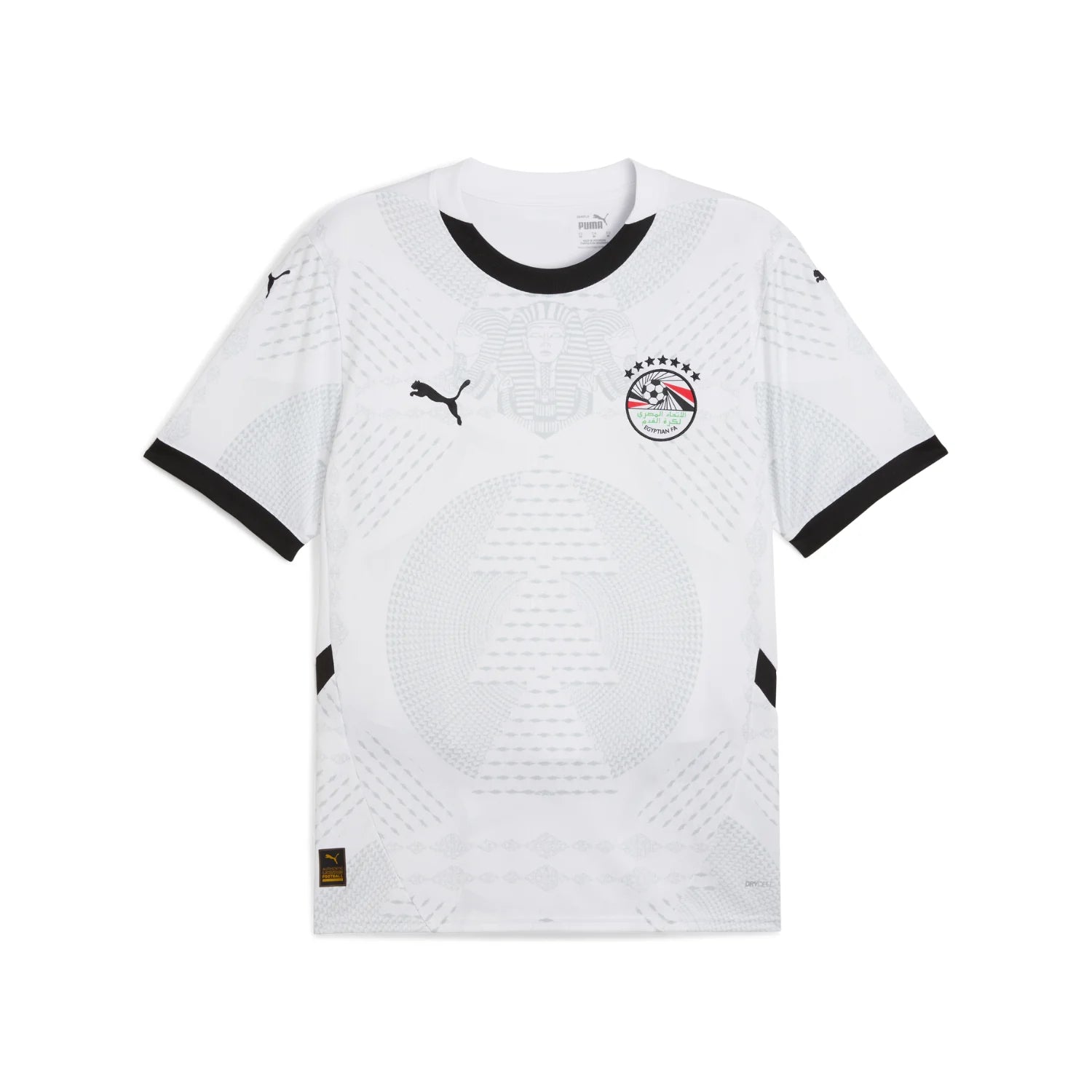 9_adccbaf7-9852-42b7-a148-104825aee071 White Egypt national team soccer jersey with black collar and sleeve cuffs, featuring the Egyptian Football Association crest on the chest and Puma logo marks.