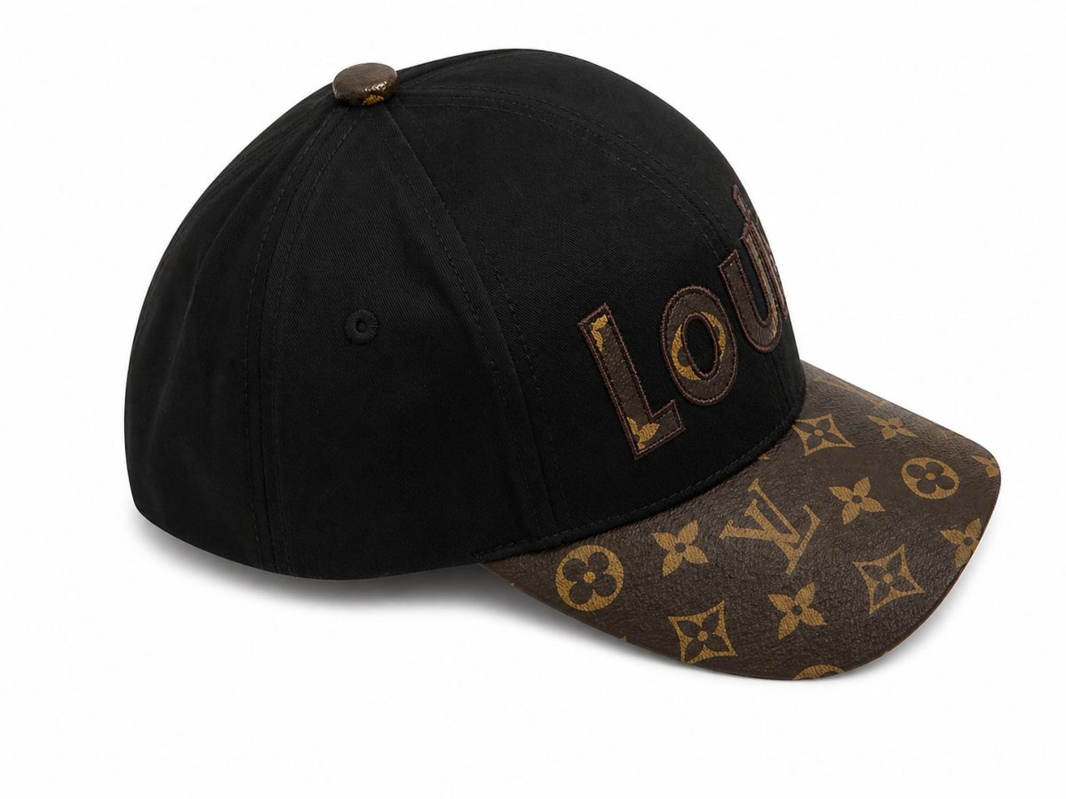 Black baseball cap with a brown LV monogrammed brim and stitched 'LOU' lettering on the front panel