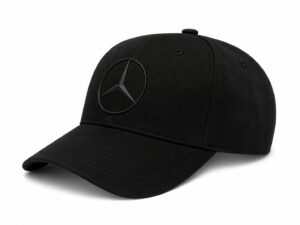 Black baseball cap with the Mercedes-Benz three-pointed star logo on the front panel, viewed from the side.