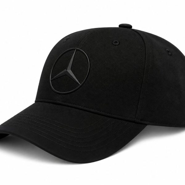 Black baseball cap with a Mercedes-Benz circular star emblem on the front panel, angled to the left.