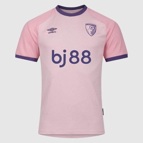 Pink soccer jersey with purple trim, Umbro logo on left chest and team crest on the right, sponsor text 'bj88' across the front.
