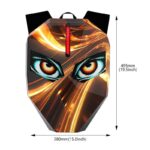 Gaming mouse with a fiery orange design and menacing eye graphics, with dimension callouts showing 495 mm tall and 380 mm wide.