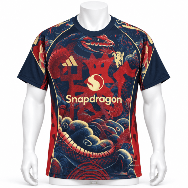 9c3c6e17-fc48-42e2-bc3f-6e42b0c6d98c - UAE SPORT STORE Manchester United snake special edition jersey 2025/26 with dragon design and Snapdragon logo.