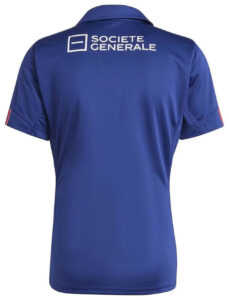 Blue polo shirt with Societe Generale logo on the back.