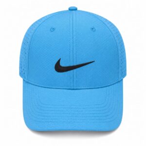 Blue Nike baseball cap with a black swoosh logo, shown from the front.