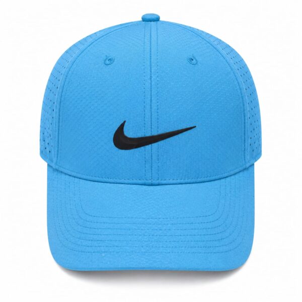 Bright blue Nike baseball cap with a black swoosh logo on the front panel, curved brim and perforated sides, photographed head-on.
