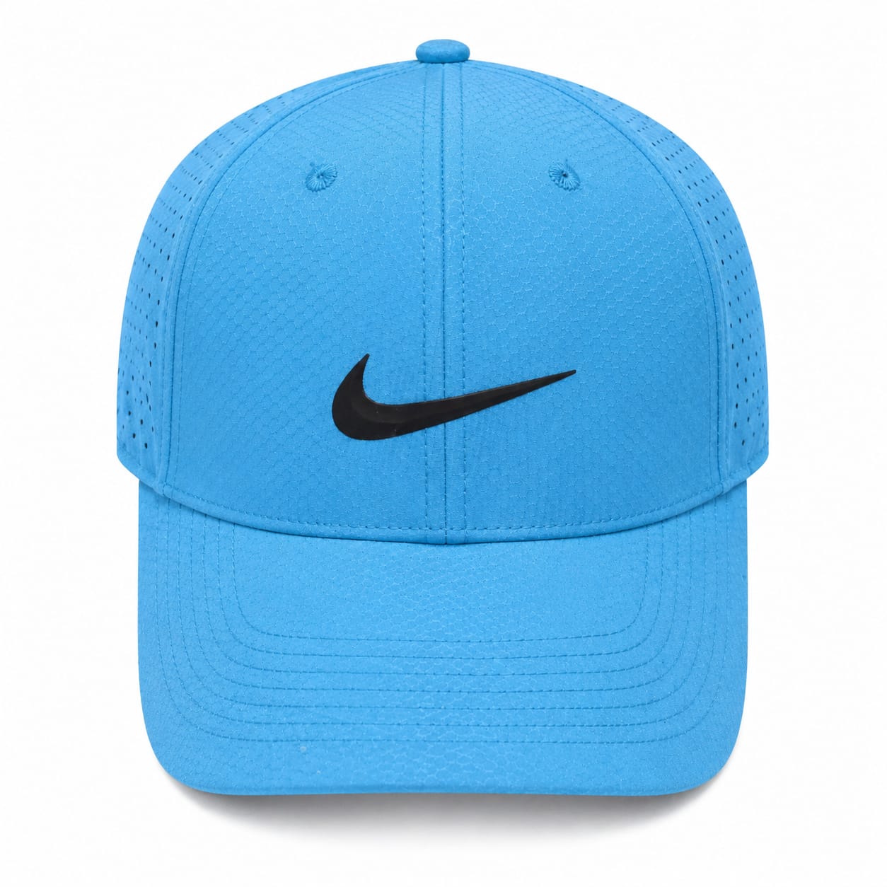 9d9c0774-7afd-48eb-8147-b900e736f6fd Bright blue Nike baseball cap with a black swoosh logo on the front panel, curved brim and perforated sides, photographed head-on.