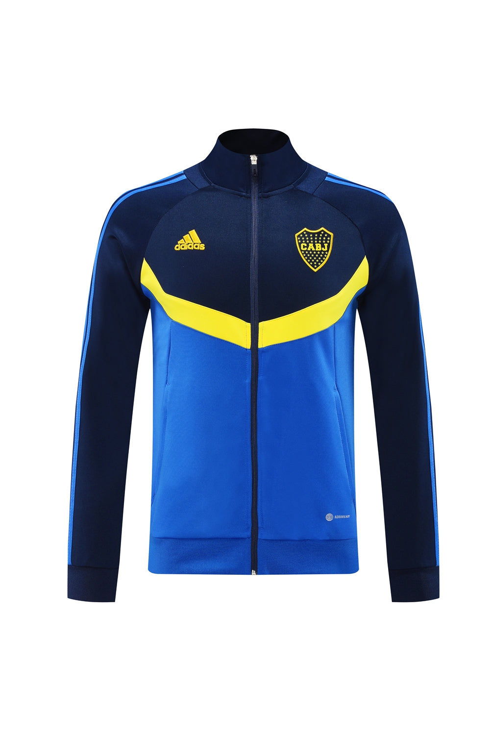 9e82364f | UAE SPORT STORE Blue and navy zip-up athletic jacket with bright yellow chevron across the chest, Adidas logo on the left chest, and a CABJ crest on the right chest; blue stripes run along the sleeves.